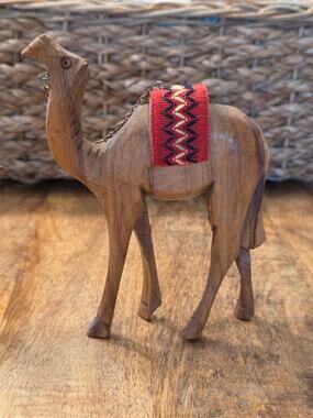 Vintage Hand-Carved Wooden Israel Nativity Set Camel with Red Pattern Saddle EUC